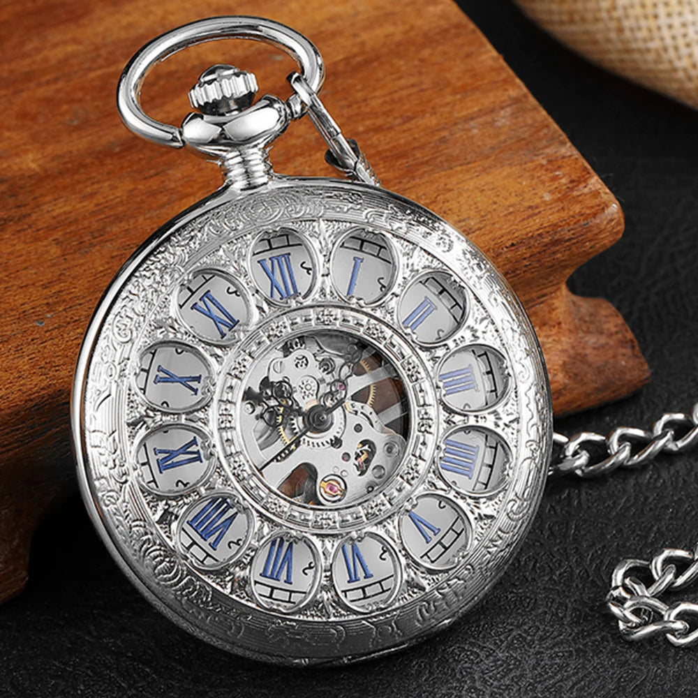 Montre de Poche Mécanique de Luxe à Chiffres Romains pour Homme, Gravé, Boîtier en Argent, Steampunk | Wayne Outfitters aliexpress