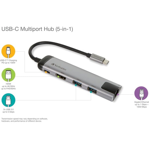 Verbatim USB 3.2 Gen 1 Multiport-Hub, USB-C Stecker > 2x USB-A + USB-C Buchse + HDMI-Buchse + RJ-45 Buchse, USB-Hub - Verbatim - vue 6
