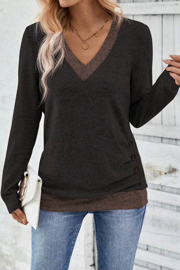 Haut femme boutonnée, manches longues, col V, colorblock — café