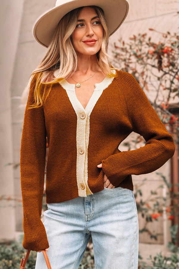 Chestnut Contrast Knit V Neckline Short Cardigan femme