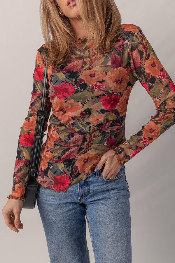 Haut femme floral, transparent, manches longues — multicolore-P22