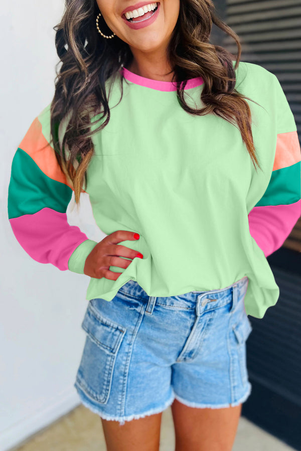 Haut femme patchwork, manches longues, ample, colorblock — vert