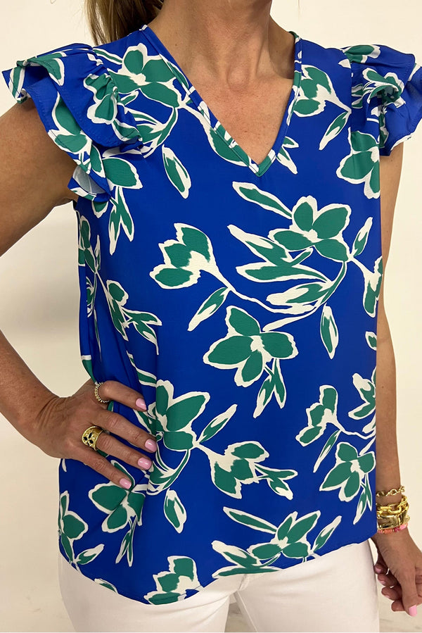 Blouse femme floral, à volants, manches courtes, col V — bleu