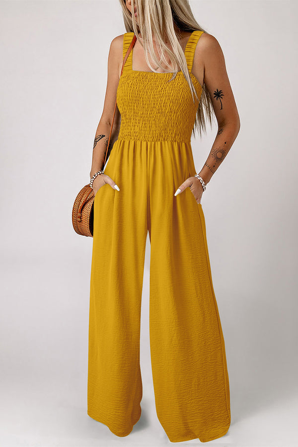 Combinaison femme smocké, poches, sans manches, jambe large