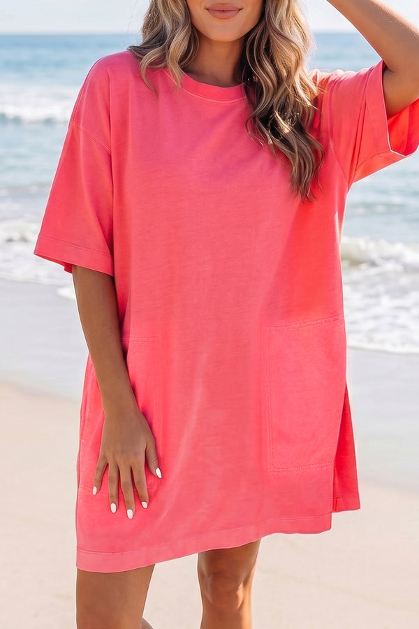 Robe courte femme épaules tombantes, ample, casual — corail