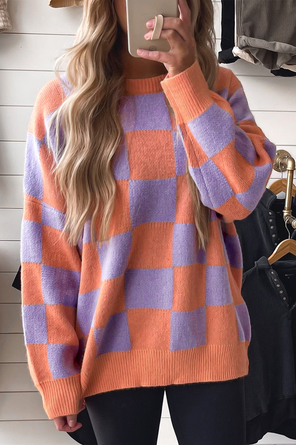 Pull femme à carreaux, en maille, côtelé — orange