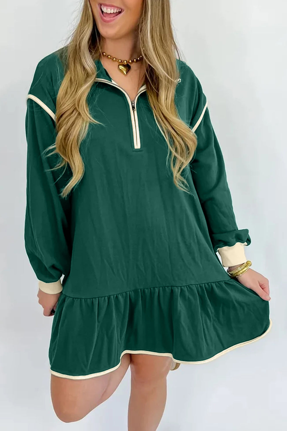 Robe courte femme à volants, zip, manches longues, bordure contrastée