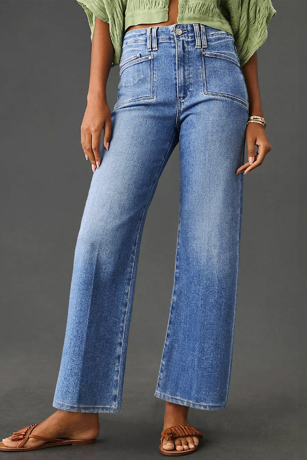 Jean femme taille haute, ample — bleu