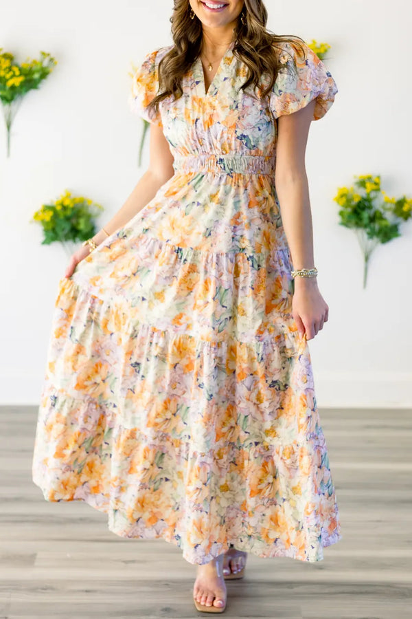 Robe longue femme floral, manches ballon, col V, maxi — orange