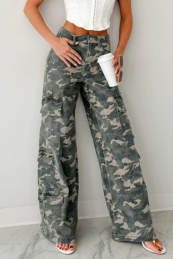 Pantalon femme camouflage, jambe large — vert-P920