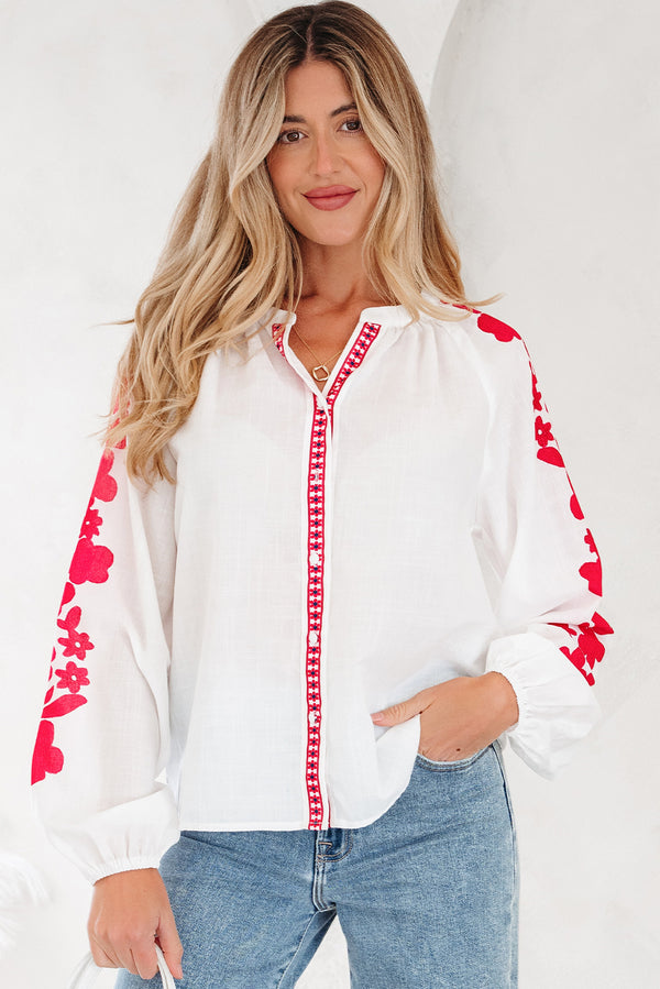 Chemise femme broderie florale, manches longues, casual — blanc