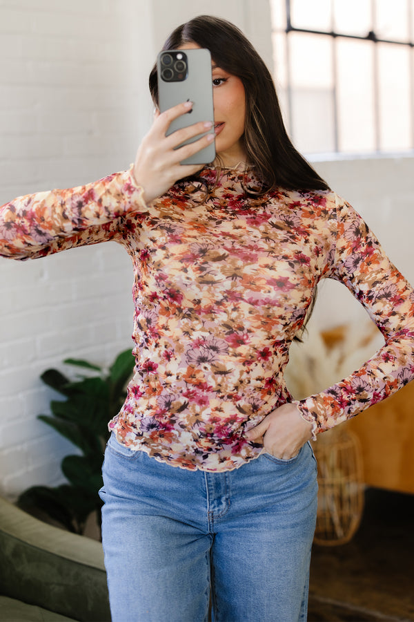Haut femme floral, transparent, manches longues — rouge