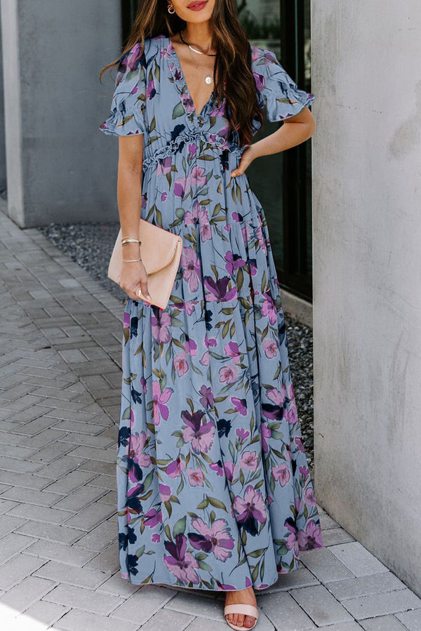 Robe longue à imprimé floral ardent et à volants, col en V, manches courtes, bleu ciel