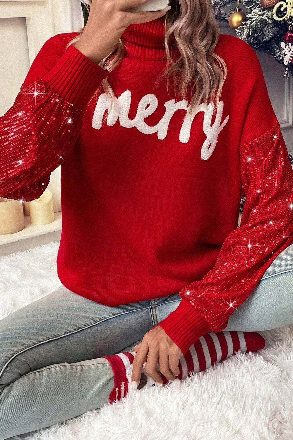 Pull femme graphique, paillettes, Noël — rouge