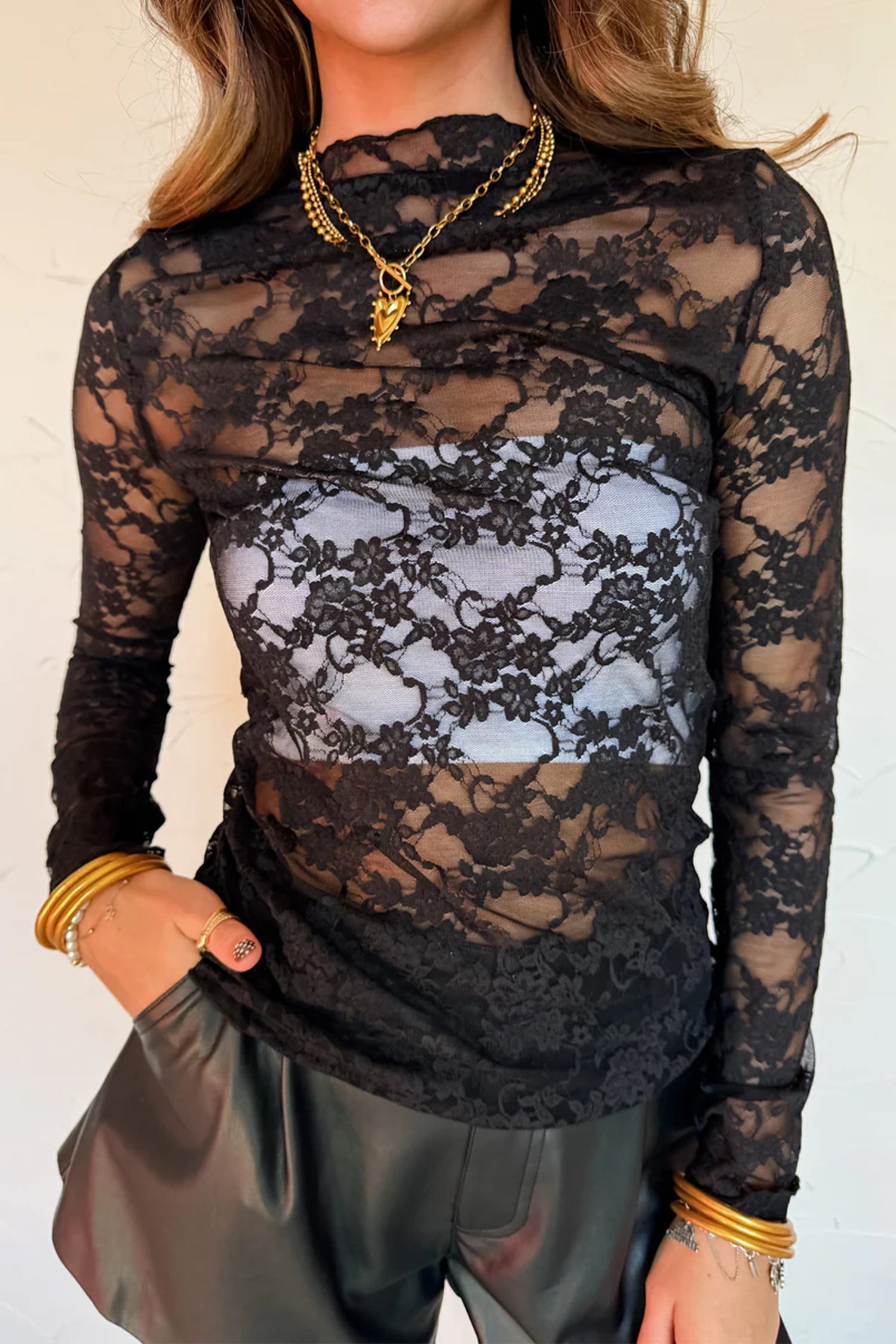 Haut femme floral, transparent, manches longues, col montant — noir