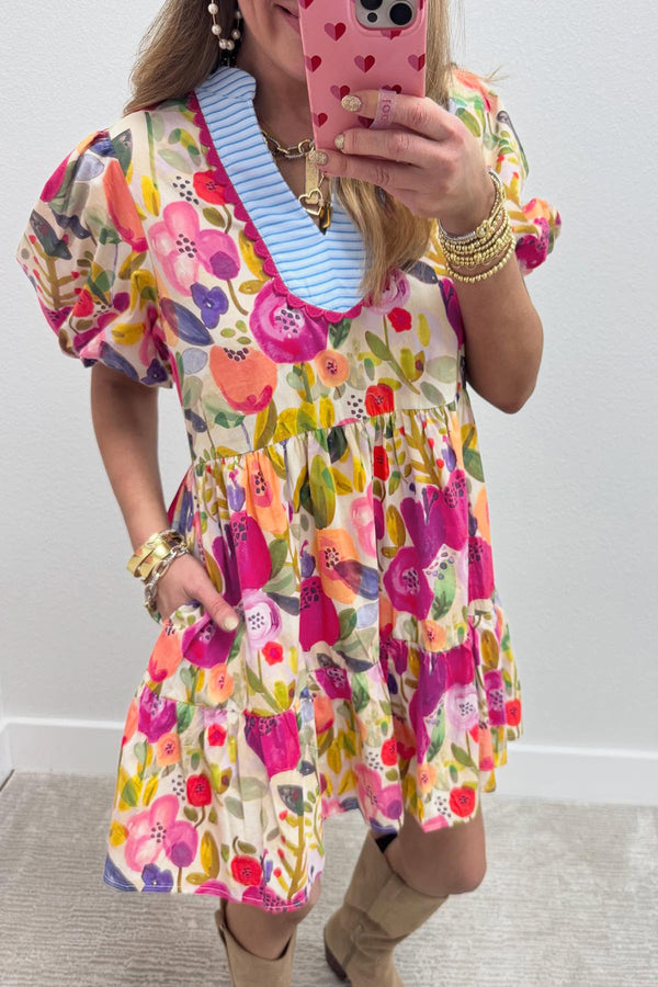 Robe femme floral, rayé, patchwork, col V · LC6127497-P620 · LC6127497-P620-L