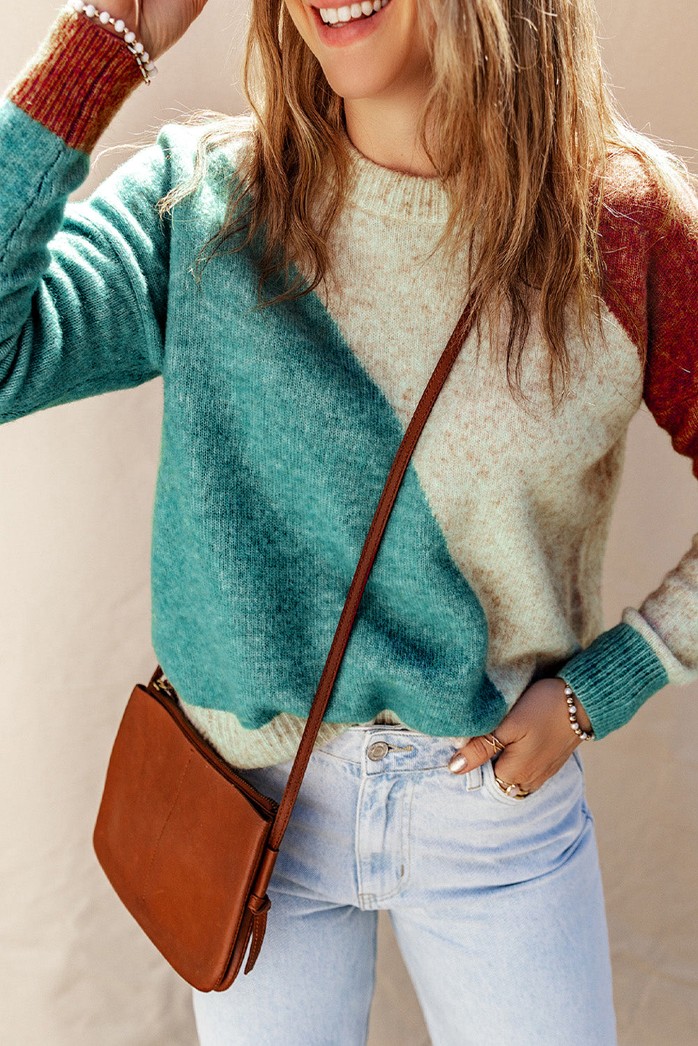 Pull femme col rond, côtelé, colorblock — multicolore