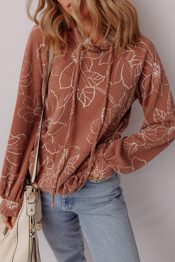 Brown Floral Twisted Rib Drawstring Kangaroo Pocket Hoodie femme