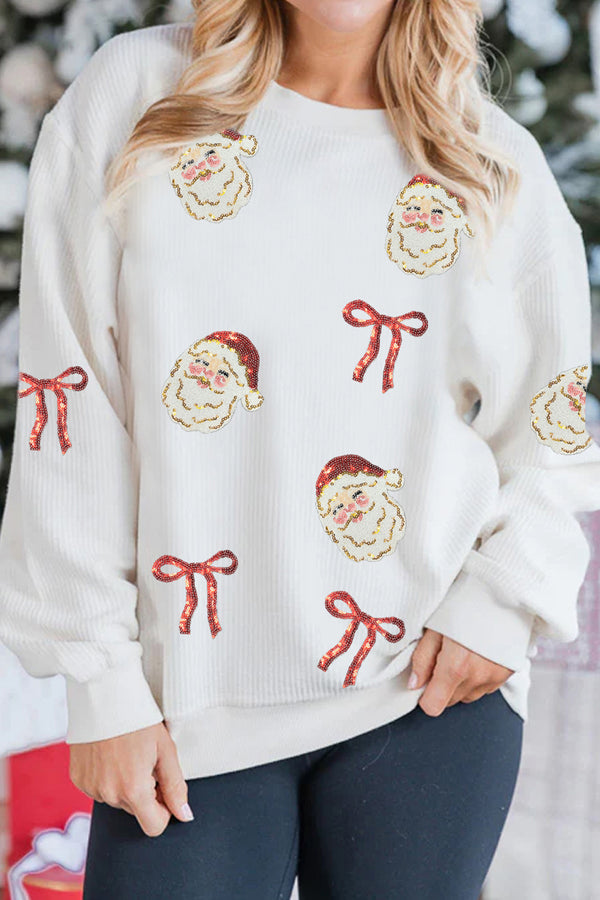 Sweat femme graphique, paillettes, Noël, épaules tombantes, côtelé — blanc
