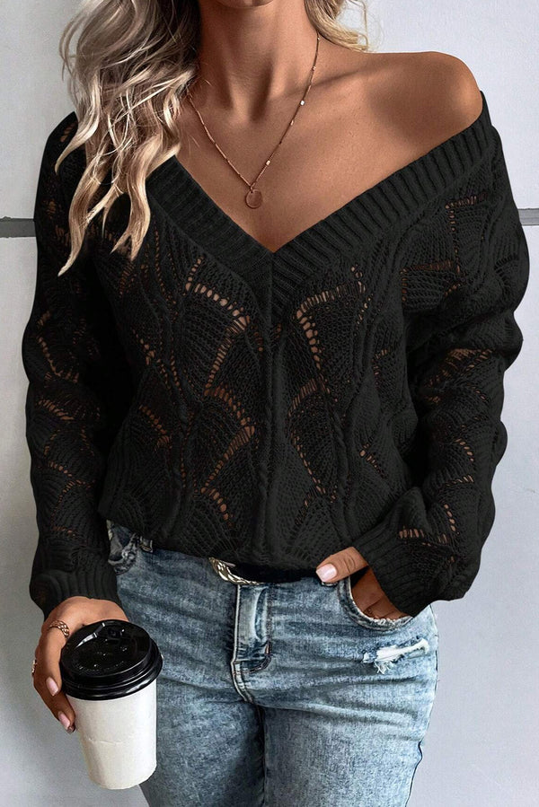 Pull femme en maille, épaules tombantes, col V — noir