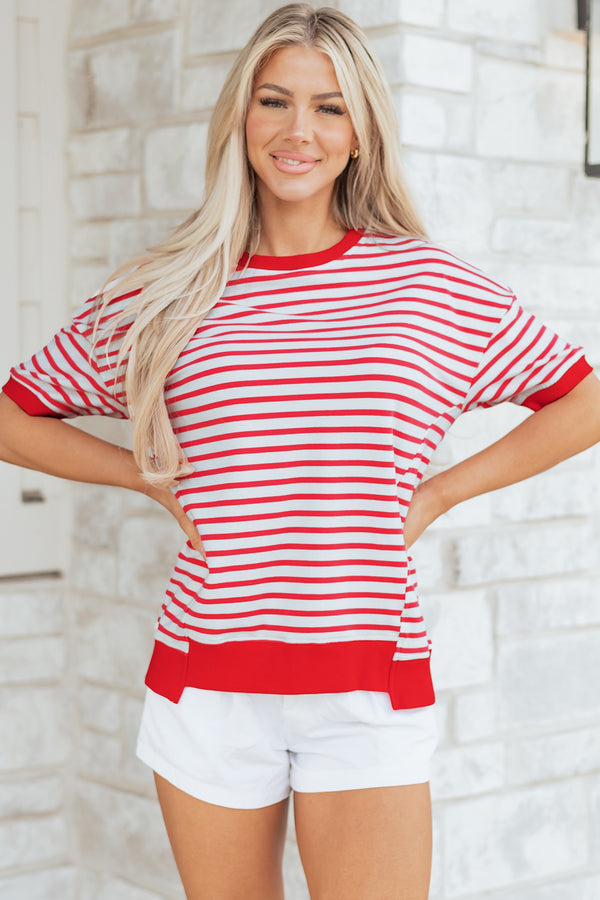 T-shirt femme rayé, manches 3/4, épaules tombantes — rouge