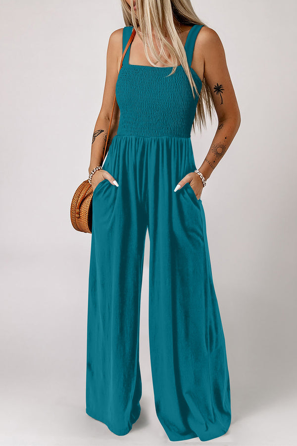 Combinaison femme smocké, poches, sans manches — bleu