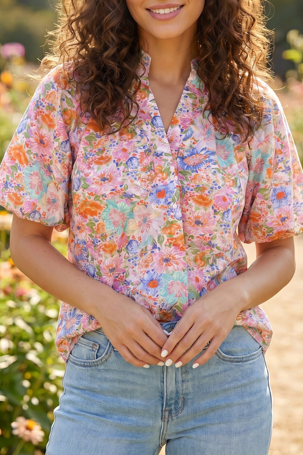 Blouse femme floral, manches courtes, col V — rose