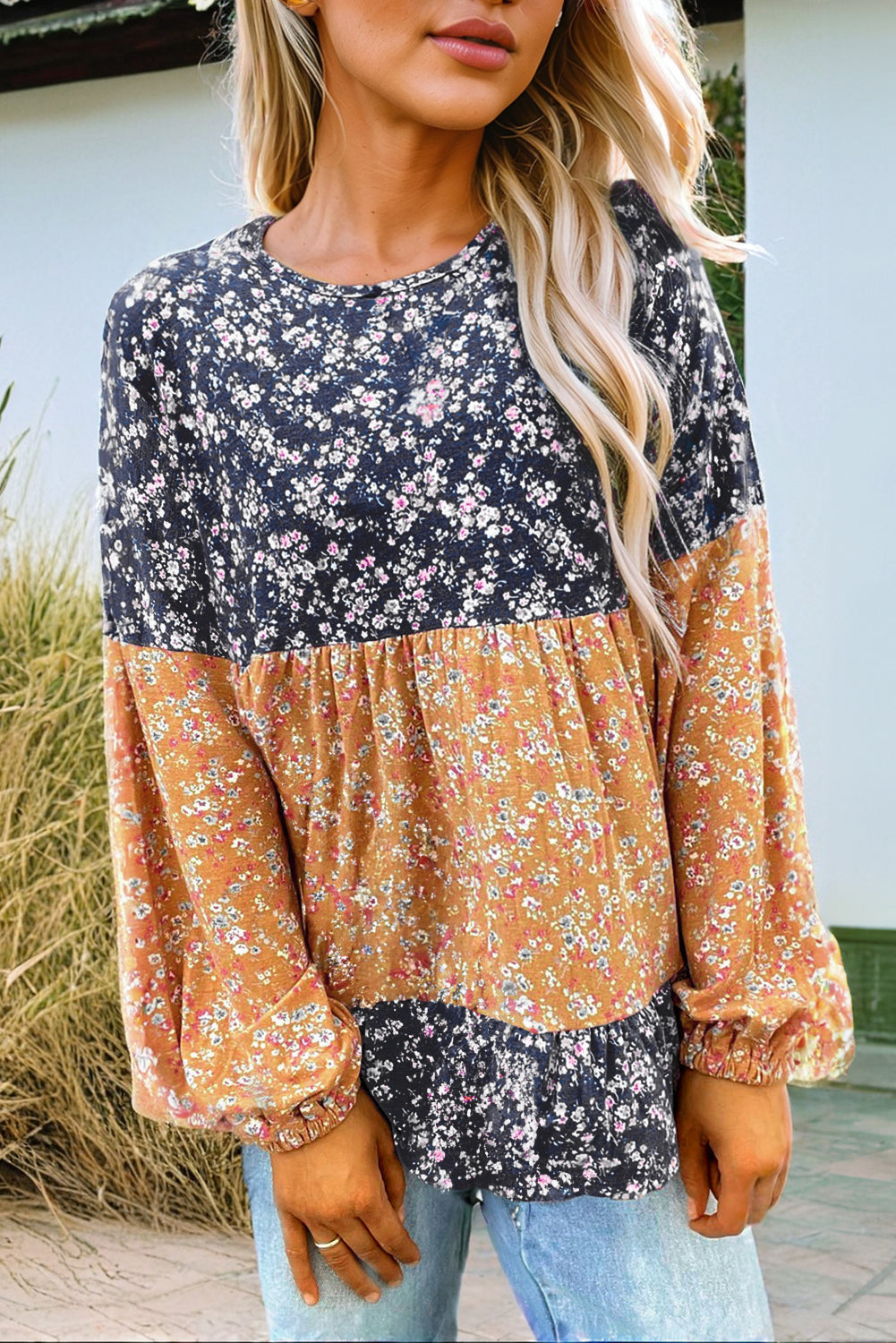 Blouse femme floral, patchwork, à volants, col rond, colorblock — bleu