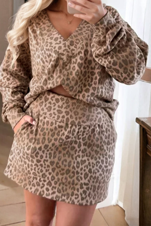 Ensemble femme léopard, col V, mini — beige