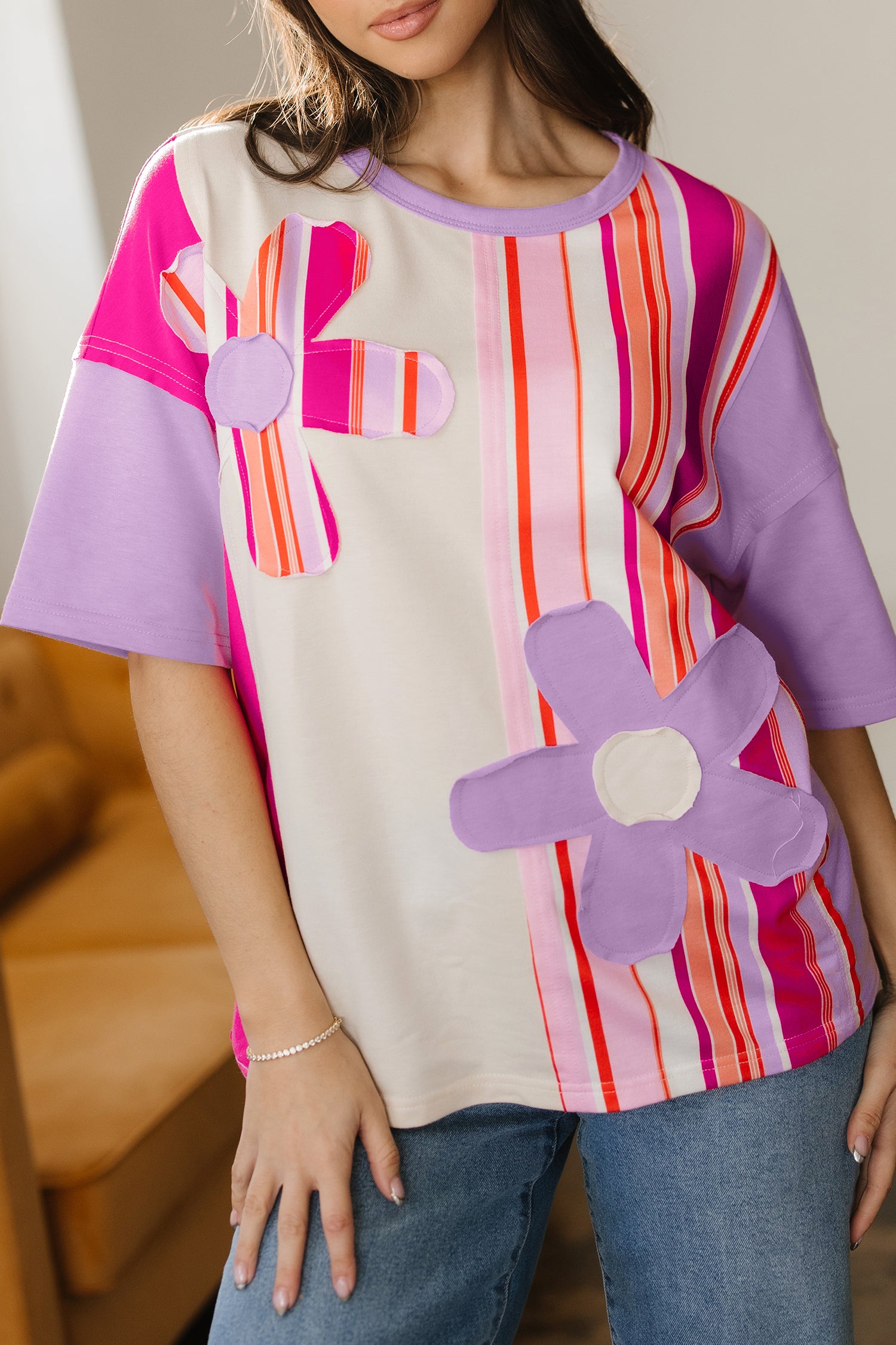 Haut femme rayé, manches 3/4, ample, colorblock — rose