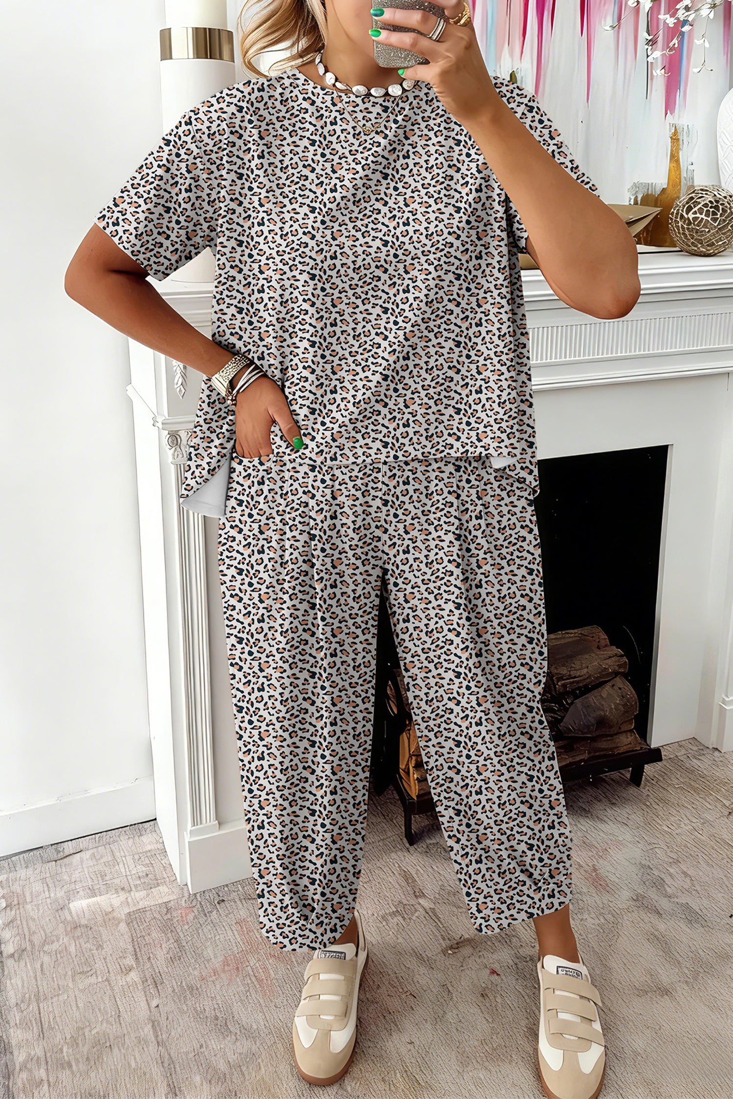Pantalon femme léopard, ample — blanc