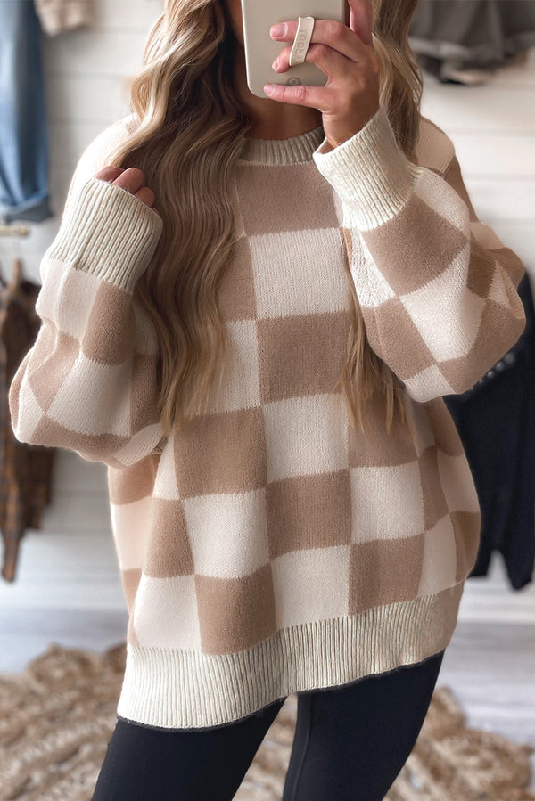 Pull femme à carreaux, en maille, côtelé