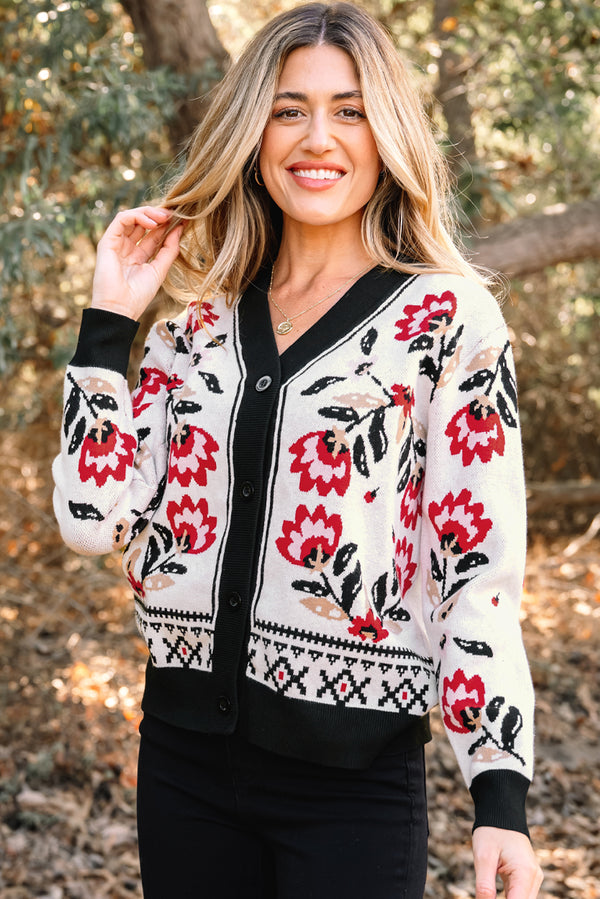 Cardigan femme floral, en maille, boutonnée, col V — beige