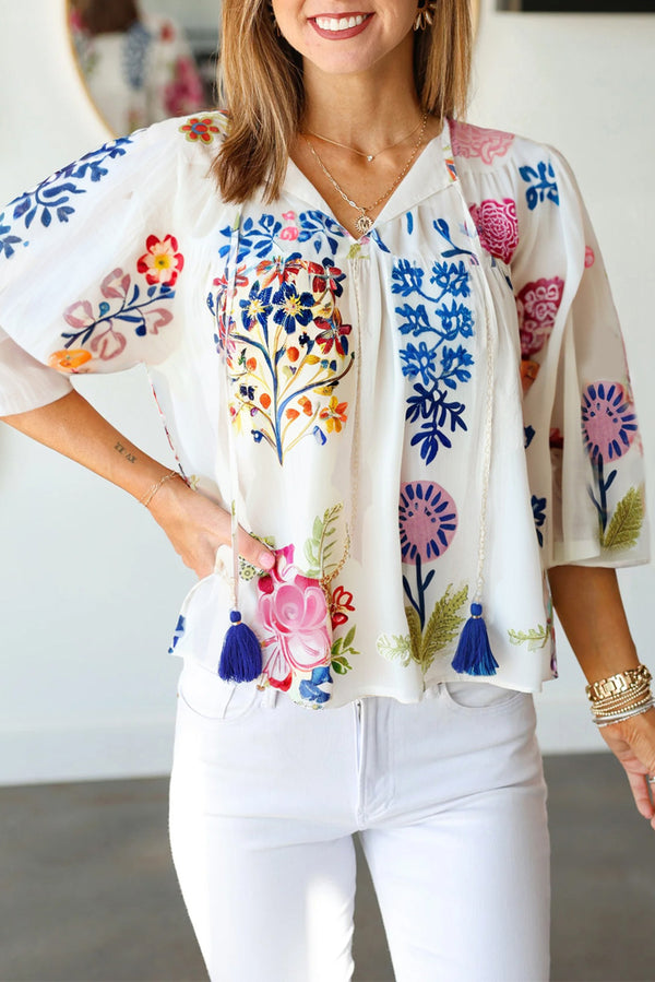 Blouse femme floral, manches bracelet — blanc
