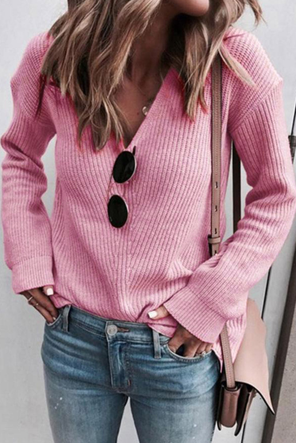Pull femme en maille, col V, côtelé — rose