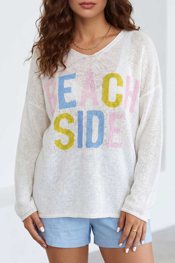 Pull femme en maille, col V — blanc