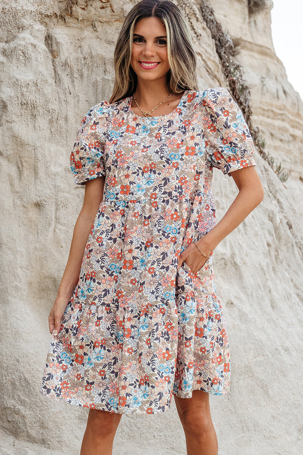 Robe courte femme floral, manches bouffantes — abricot