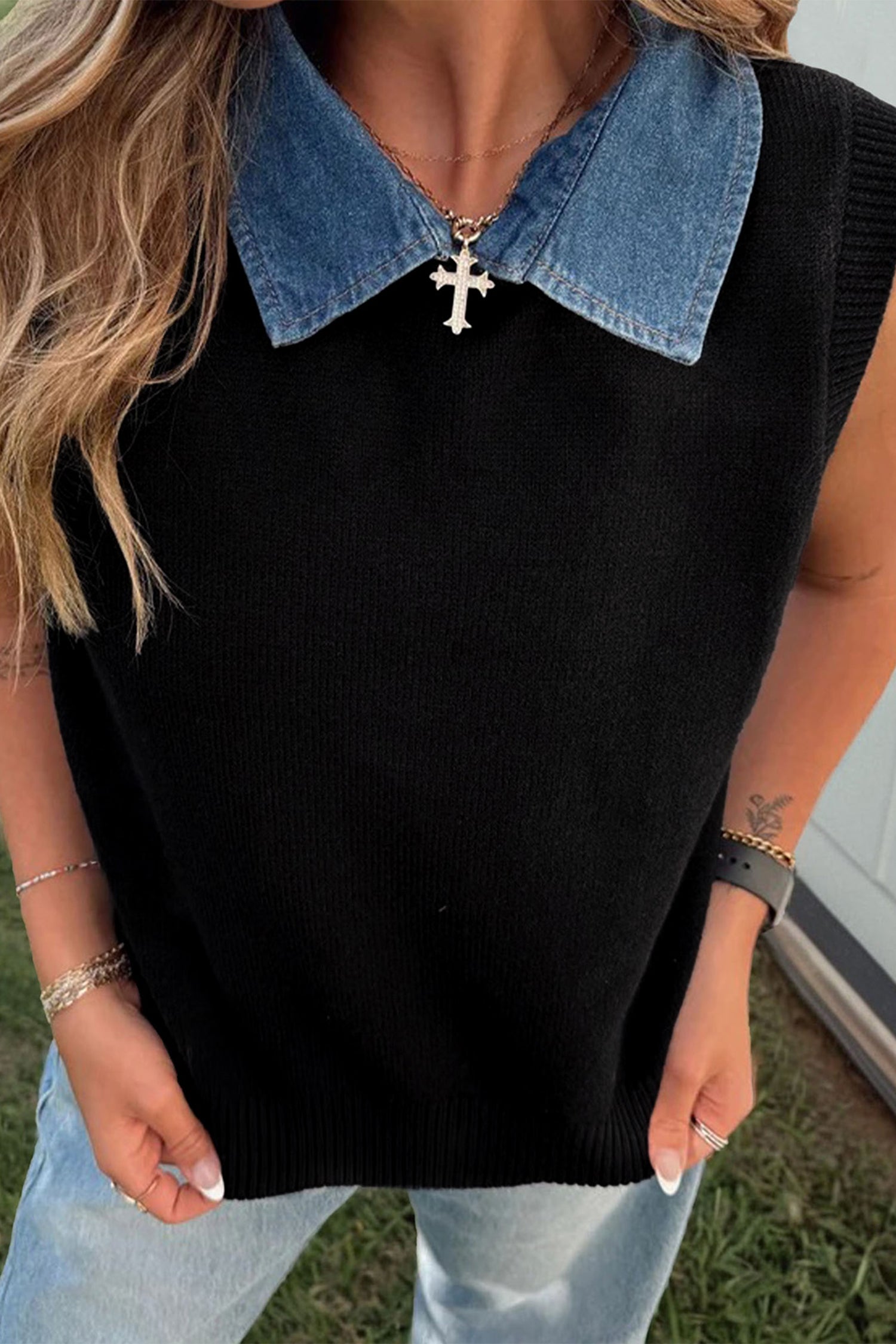 Pull femme patchwork, en maille, uni, denim — noir