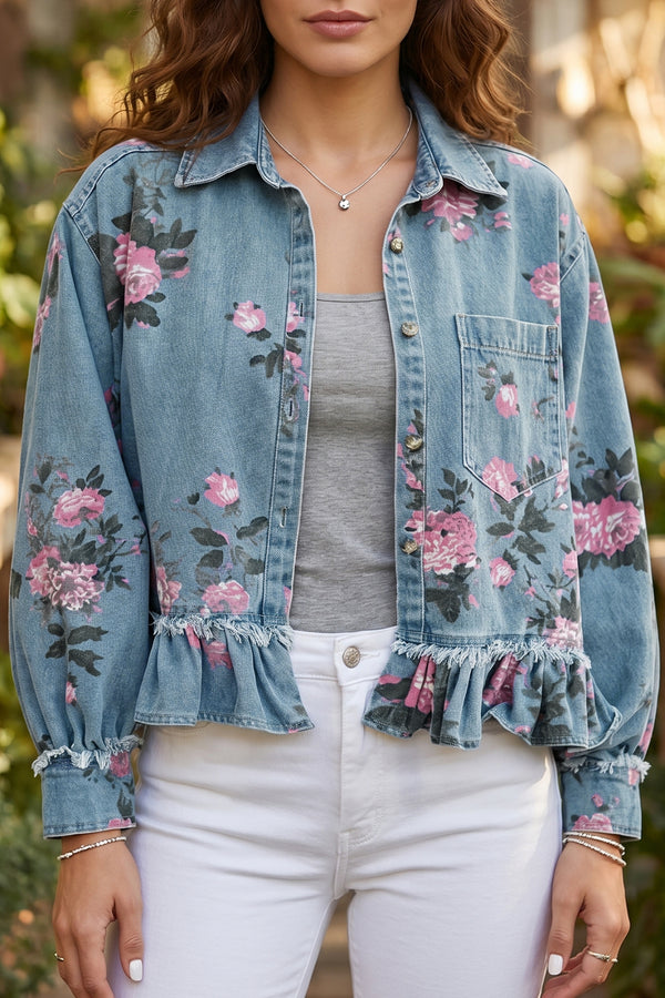 Veste femme floral, à volants, denim — bleu ciel