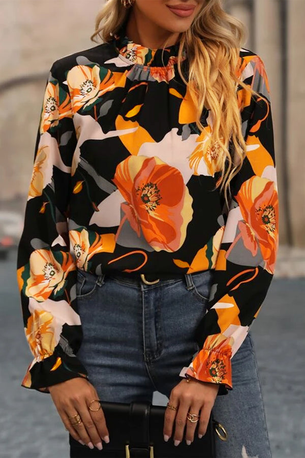 Blouse femme floral, col montant — noir