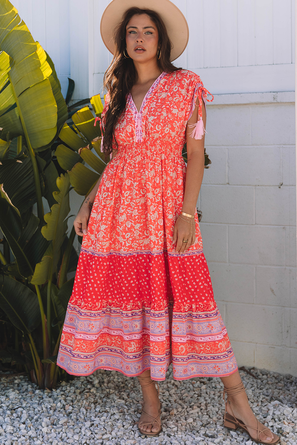 Robe longue femme floral, maxi — rouge-P10320