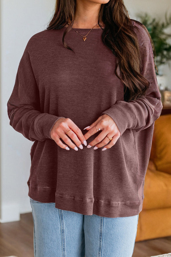 Haut femme patchwork, gaufré, en maille, manches longues, ample — marron