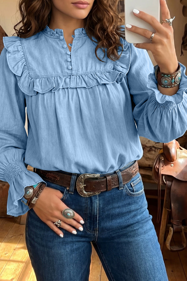 Blouse femme à volants, manches longues, col V — bleu ciel