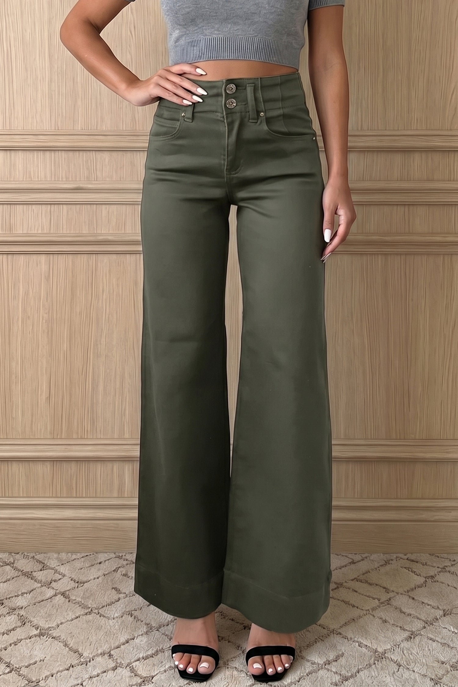 Jean femme boutonnée, taille haute, jambe large — vert