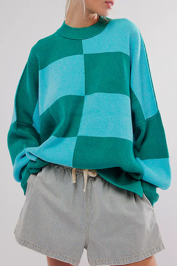 Pull femme à carreaux, épaules tombantes, oversized — vert