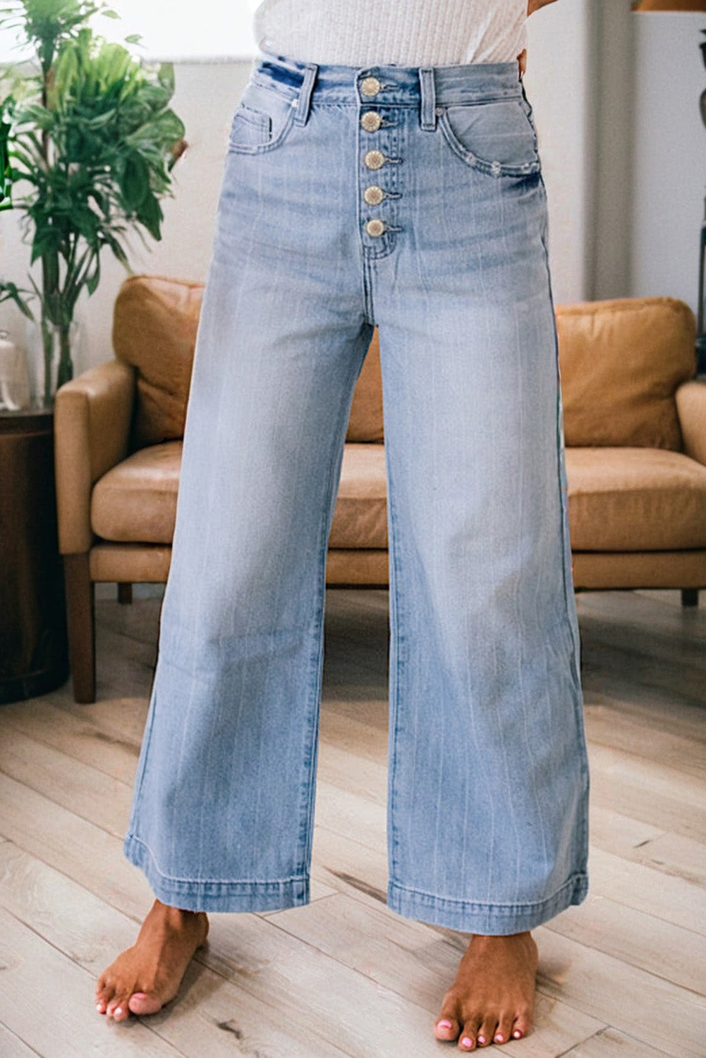 Jean femme rayé, boutonnée, jambe large — bleu ciel