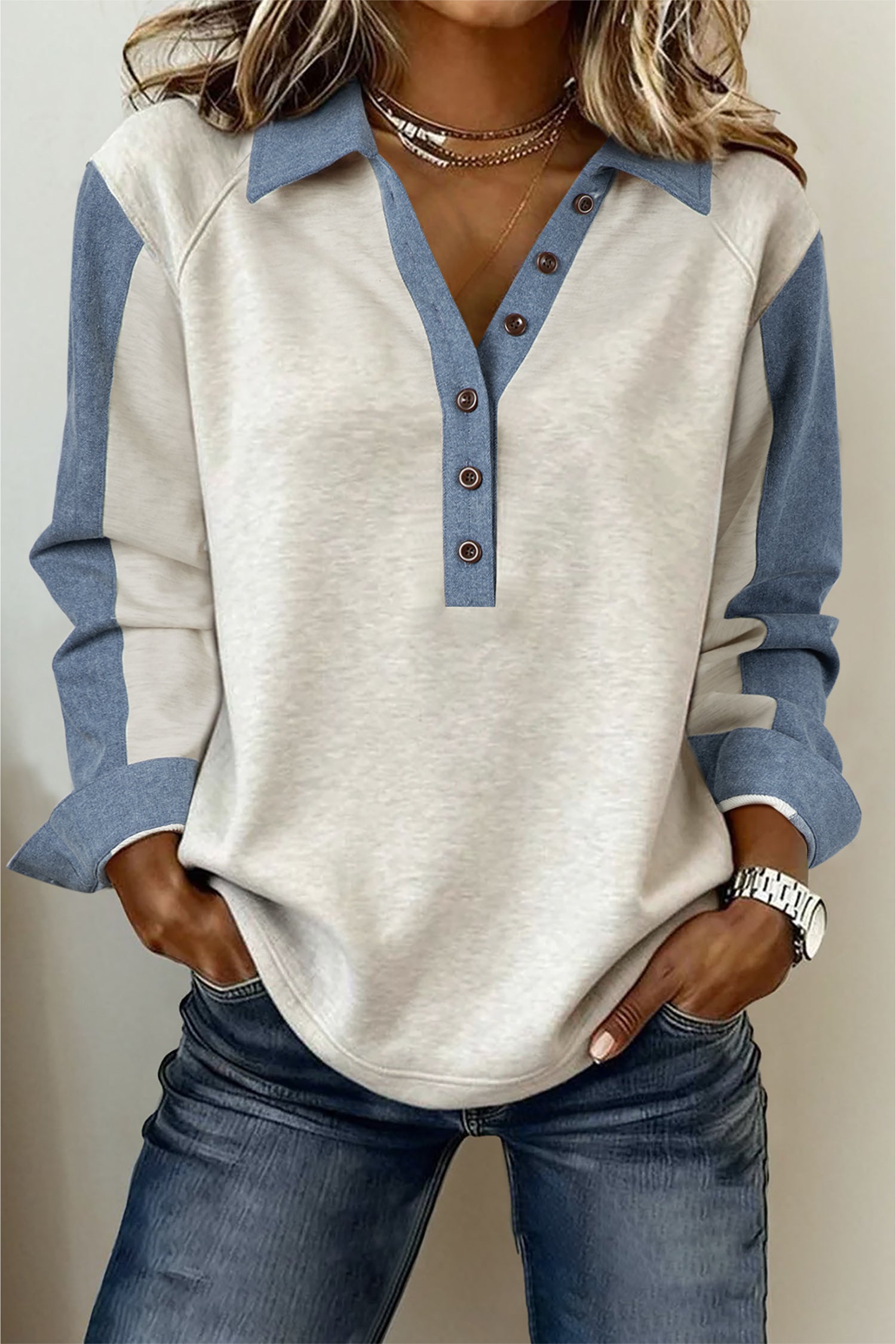 Haut femme patchwork, boutonnée, manches longues — gris clair