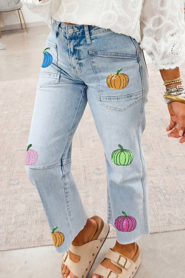 Jean femme graphique, paillettes, casual — bleu ciel
