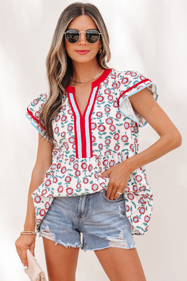 Blouse femme col V, bordure contrastée — rouge