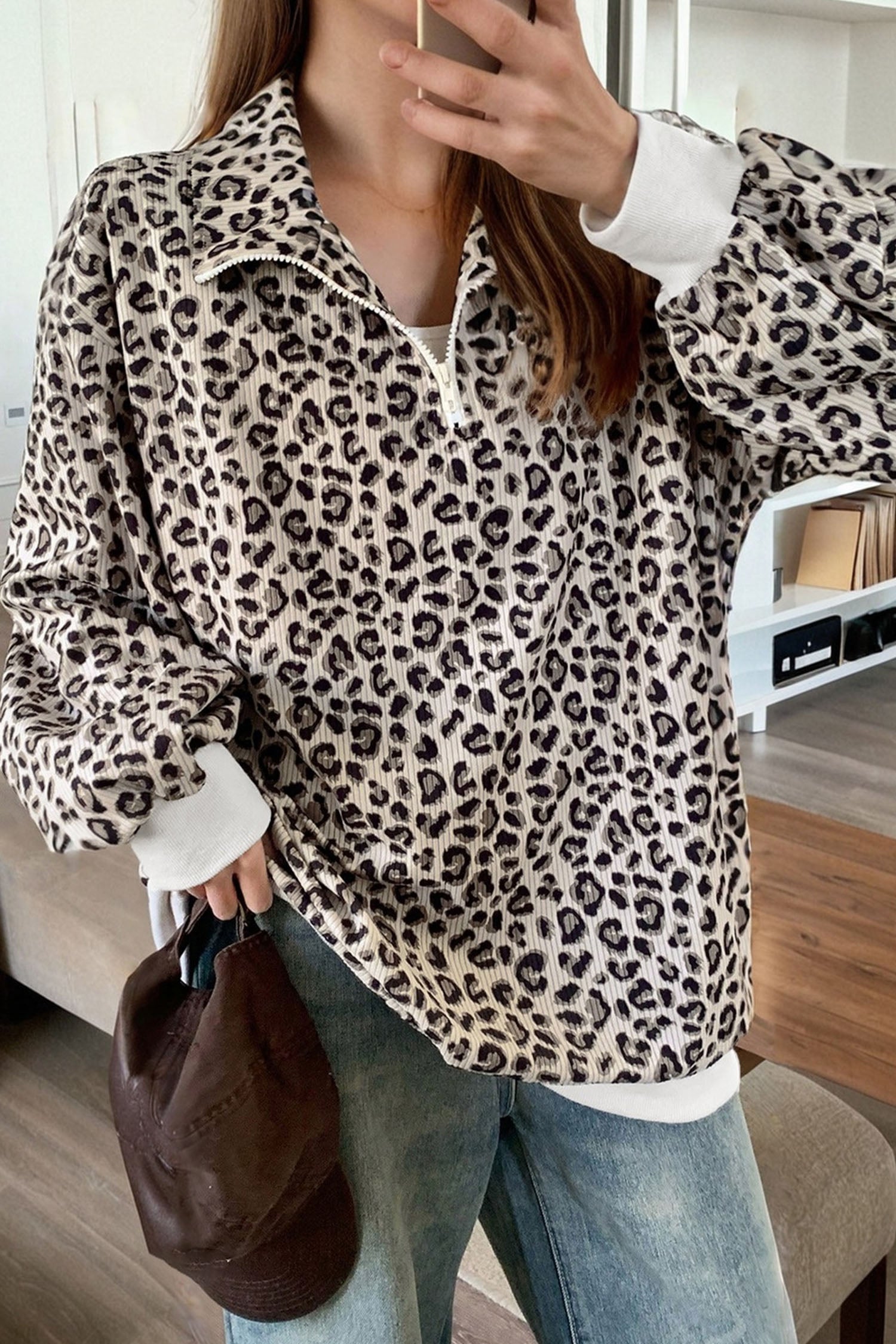 Sweat femme léopard, zip — beige